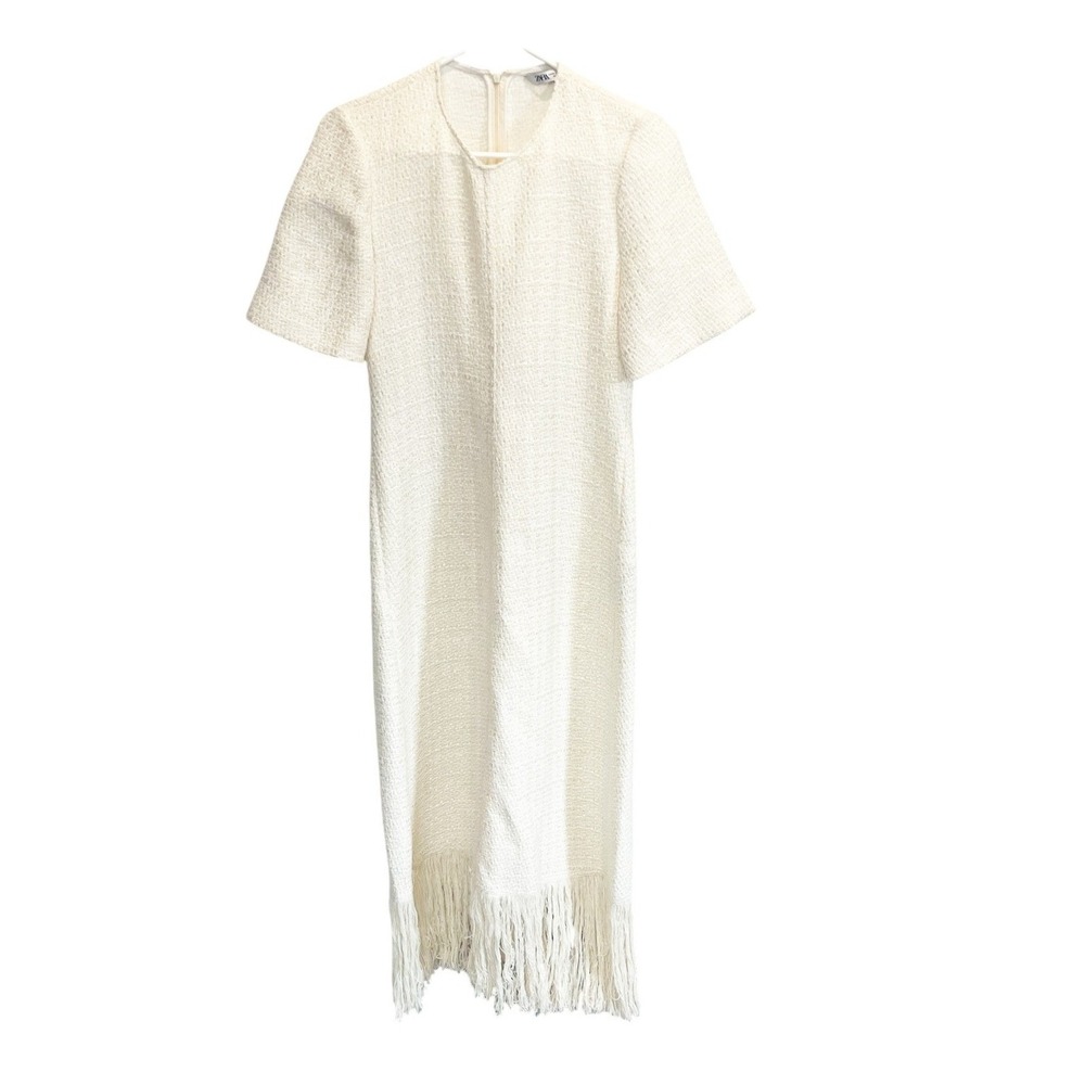 Zara Ivory Tweed Fringe Hem Midi Dress Quiet Luxury Chic Blogger Favorite - XS